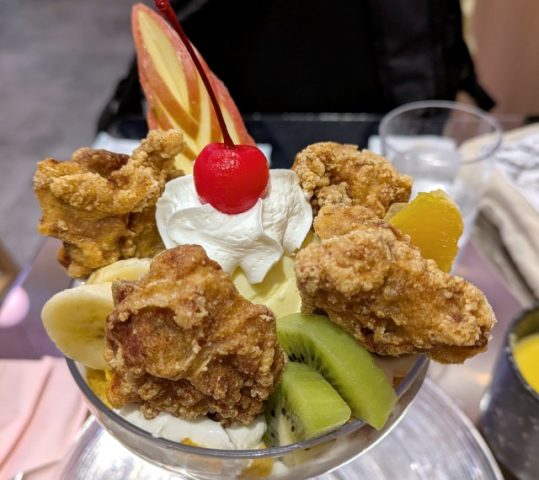 Fried chicken, fruits, and ice cream unite in the crazily delicious parfaits of Karafuneya Cafe